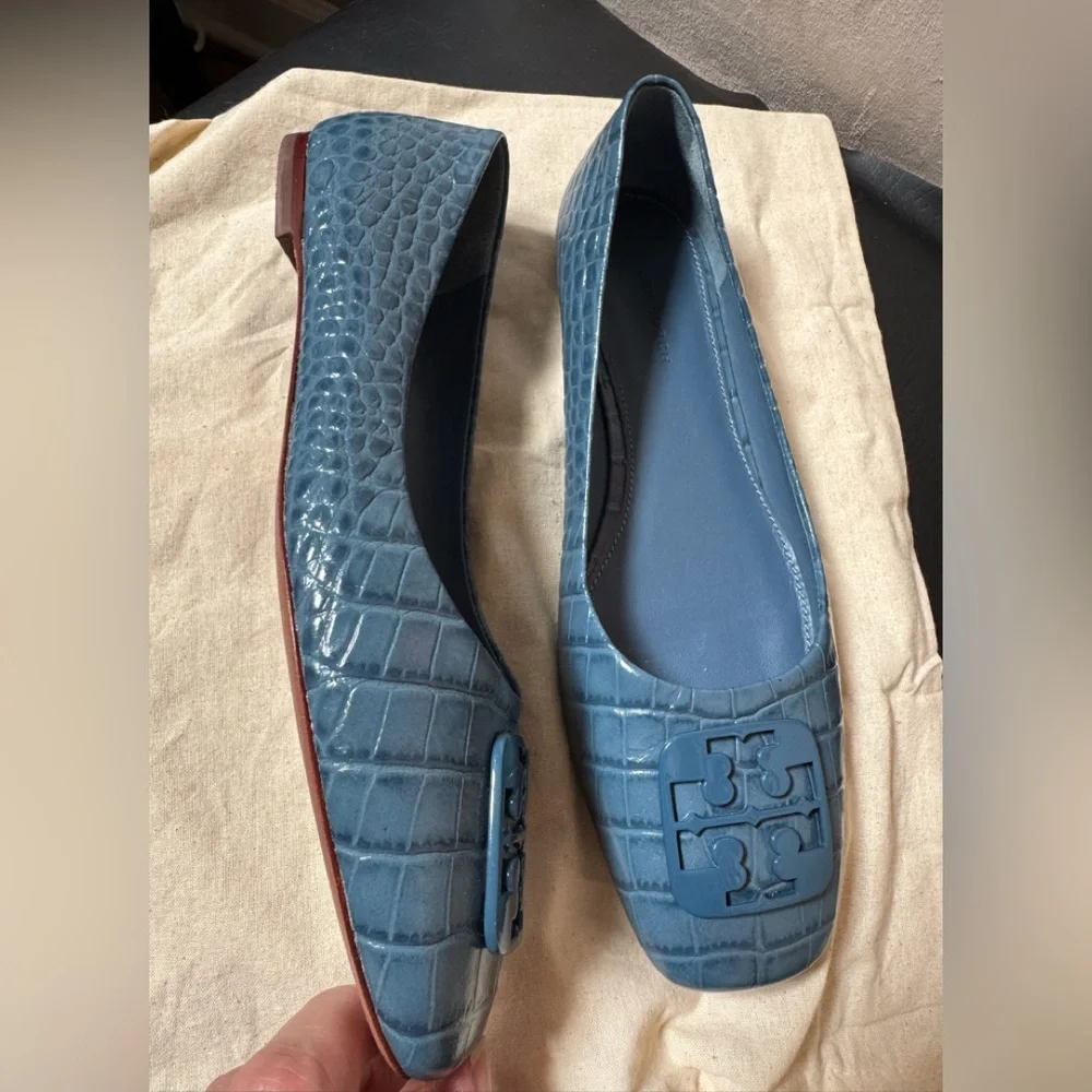 Tory Burch Blue Croc-Embossed Flats - Picture 2 of 5